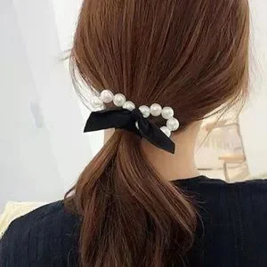 Set of 3 Elegant Pearl Bow Hair Tie Chic Black Ribbon Ponytail Holder Glam Look Accessories | Set Of 3 Elegant Pearl Bow Hair Tie Chic Black  main image 3
